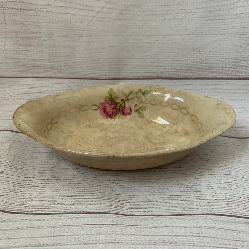 Antique Porcelain Cream Oval Bowl or Serving Dish with Roses Gold Chain 9" Long